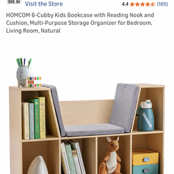 HOMCOM Kids Reading Nook Storage Bench – 6-Cubby Bookcase Organizer w/ Cushion – Natural Wood