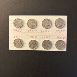 Coins – Buffalo Nickels – full 4 Digits Clearly Visible - 1930P/35P/36P/37P and 1934D/35D/36D/37D – total 8 coins for $58
