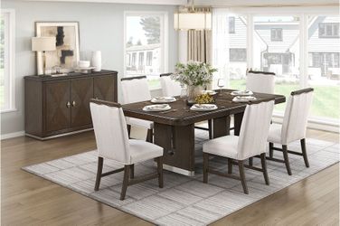 Dining set 7 pc Wire brushed Brown finish, w Metallic accents, Beige fabric, New Especial price 
