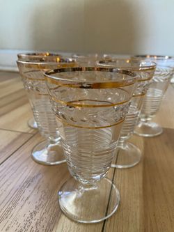 Set of Vintage Aperitif Cocktail Glasses Gold Gilt Rim Horizontal Rib Set of 5