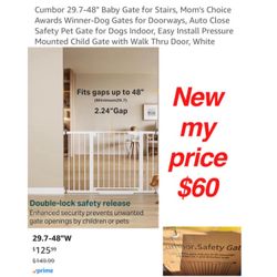 New in box Cumbor 29.2–43" Baby Gate for Stairs, Expandable No Bottom Bar Dog Gate, Auto Close Extra Wide Walk Thru, Pet & Toddler Proof Gate, Top & B
