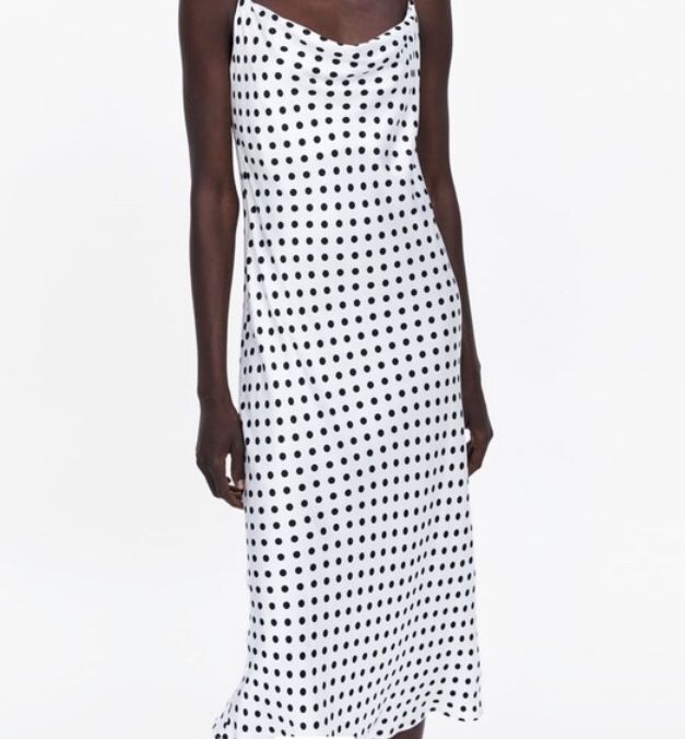 NWT. ZARA STRAPPY DRESS LONG MIDI WHITE BLACK POLKA DOT COWL NECK CAMI SIZE M