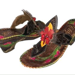New Corkys Elite Jackson 9 US Beaded Floral Tooled Leather Sandals Thong Wedge