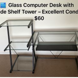 Glass Computer Desk with Side Shelf Tower – Excellent Condition - $60 (Cockeysville, MD)