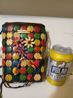 Coconut shell multi-colored beaded crossbody purse made in Jamaica 5x7, 25-in strap
