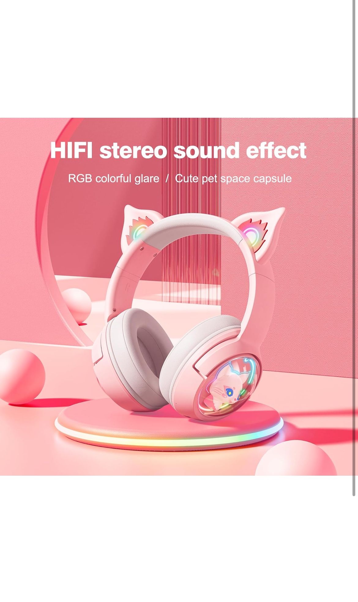 Cat Bluetooth Headphones, Wireless Headset with Mic, RGB LED Light Compatible with Mobile Phones PC Tablet, with 3.5mm Wired Mode for Audio Only, Pink