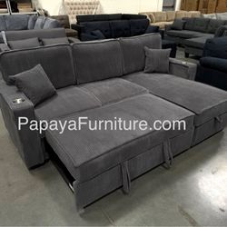 New! 89” Reversible Grey corduroy Sectional Sofa Bed, Sectional Sofa Bed, Grey Sofa, Sleeper Sofa, Grey Couch, Reversible Sectional, Sectional Sofa
