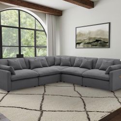 Large Gray Sectional Sofa L Shape, Free Delivery✅ Modern Gray Cloud Couch, Gray L Shape Sectional  Performance Fabric 