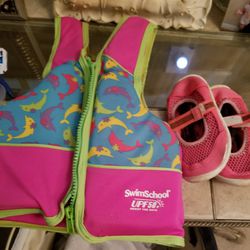 Small life vest and water shoes size 7/8