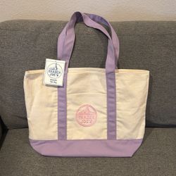 Full size Trader Joe’s reusable tote bag purple pastel pink logo released March 23