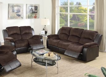 Recliner Set - Tow tone chocolate padded suede and espresso bounded leather