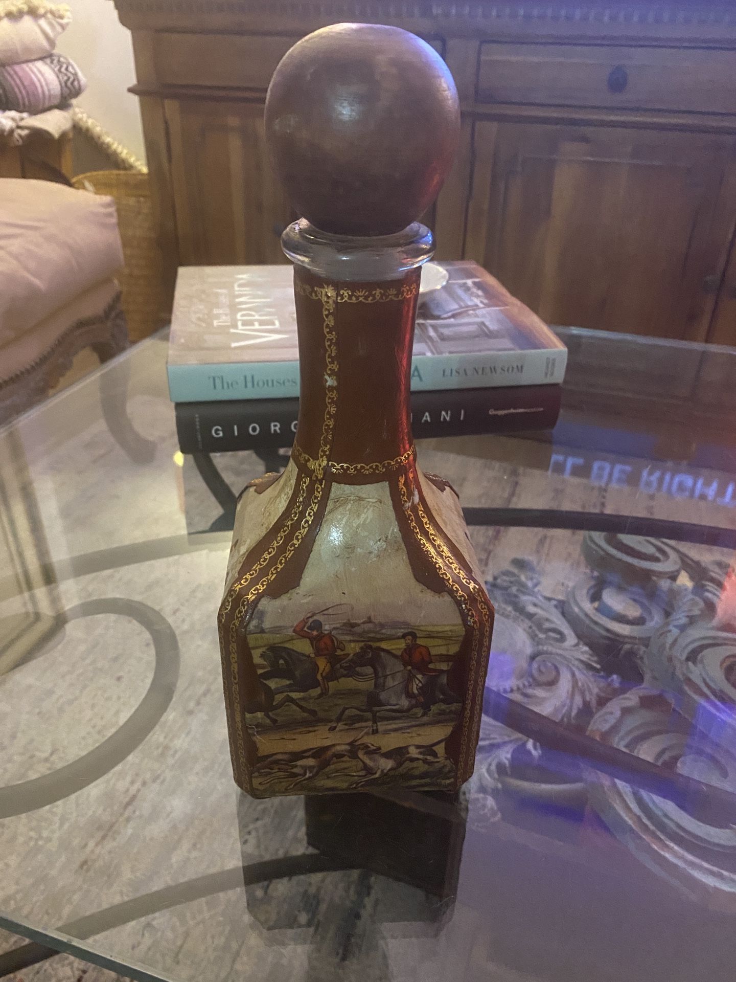 Vintage Italian  Leather Bound Liquor Decantor   Fox Run Design 