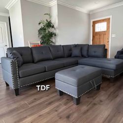 Sectional Sofa with storage ottoman and 2 accent pillows. 