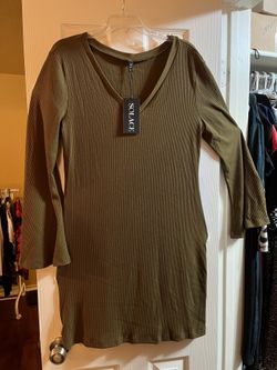 New Olive Green V-Neck Flare Sleeve Dress XL