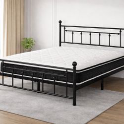 🖤 Queen Metal Bed Frame with 12” Hybrid Mattress – Complete Set