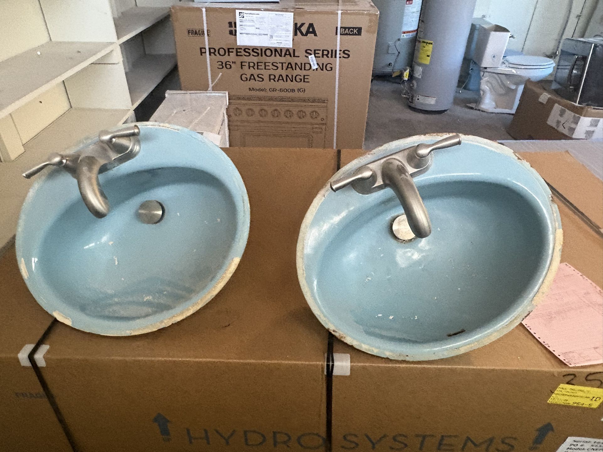 Vintage 1963 Cast Iron Undermount Bathroom Sinks – Retro Aqua Blue – Matching Pair