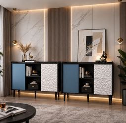 BIG SALE, 2PCS, Modern Wooden Storage Cabinet with 2 Drawers and 2 Open compartments.(Blue-1 Door)