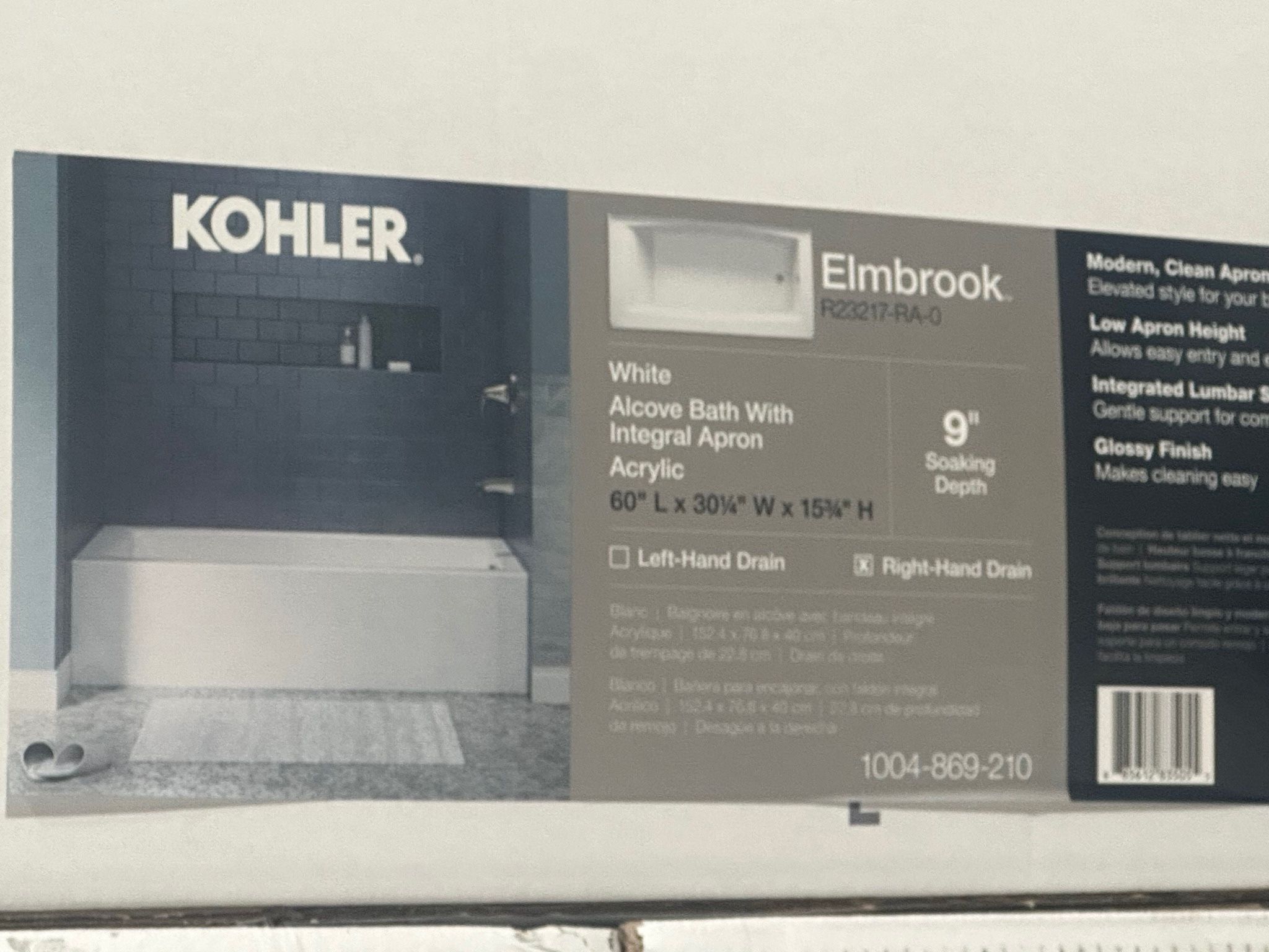 KOHLER Elmbrook 60 in. x 30.25 in. Soaking Bathtub with Right-Hand Drain in White K-R23217-LA-0