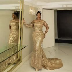 Sparkling Gold Long Sleeves Mermaid Evening Dress African Women Aso Ebi Party Gowns Personalized Elegant Sequined