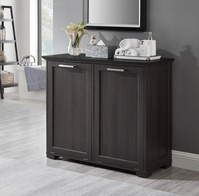 Double Tilt Trash Cabinet, Wooden Kitchen Waste Bin, Free Standing (Dark Brown)