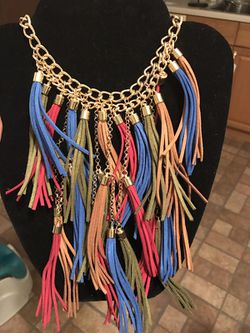 Multi colored and gold fringe necklace