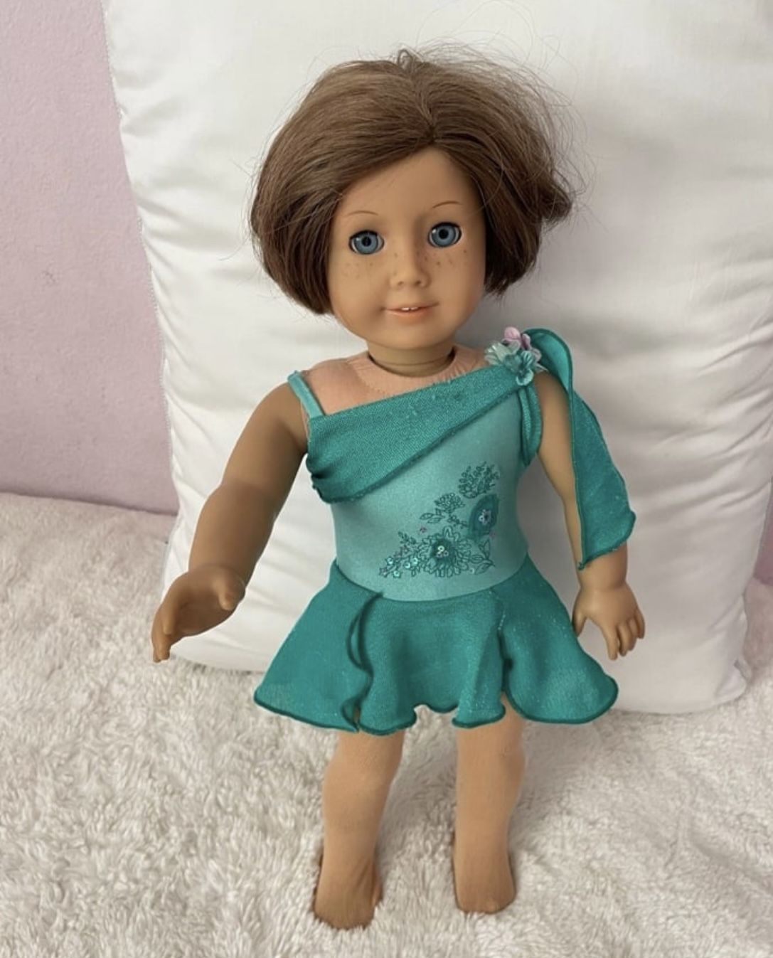 American Girl Doll Wearing Mia Ice-Skating Dress Plus Star Doll Earrings
