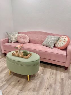 Cute Velvet Pink Mid-Century Modern Futon Couch with Couch Cover and Velvet Mint Ottoman
