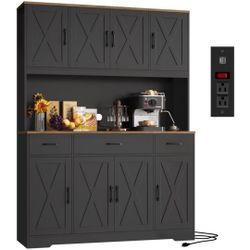 Homfa Kitchen Pantry with Hutch and Drawers, 71" Tall Storage Cabinet with 55" Wide Countertop and Built-In Power Outlet, Farmhouse Coffee Bar for Din