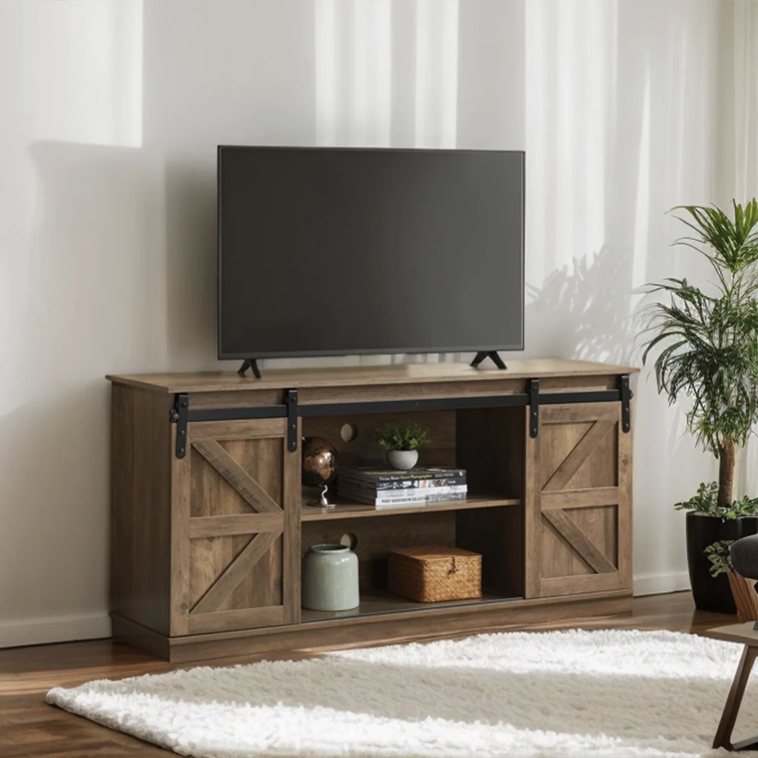 🖤Black Friday🖤 Homy Casa · Antwerp 58" Farmhouse TV Stand with Sliding Barn Doors, Rustic Brown