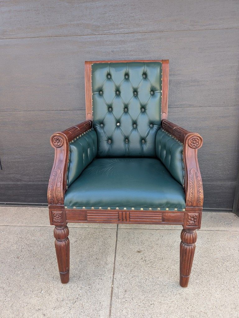 Antique Mahogany Library Office Chair Green Vintage Furniture