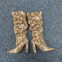 Women’s Snakeskin Print Slouch Boots – Pointed Toe, Block Heel