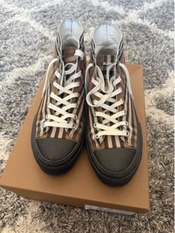 Authentic Burberry Beige Plaid Canvas high-Top Sneakers with White Soles