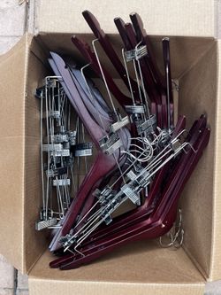 30 Brown Wooden Hangers with Clips – Great Condition