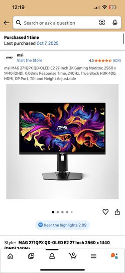 msi MAG 271QPX QD-OLED E2 27-inch 2K Gaming Monitor