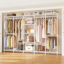 Heavy Duty Clothes Rack Freestanding Modular Closet System White Max Load 1300LBS, 2 Long Rods & 2 Short Rods (Adjustable), 4 Long Shelves & 5 Short S