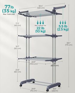 Clothes Drying Rack 4-Tier, Foldable Laundry Drying Rack 173 cm Tall, Steel, Rolling Clothes Horses, Laundry Hanger Dryer Airer, Indoor