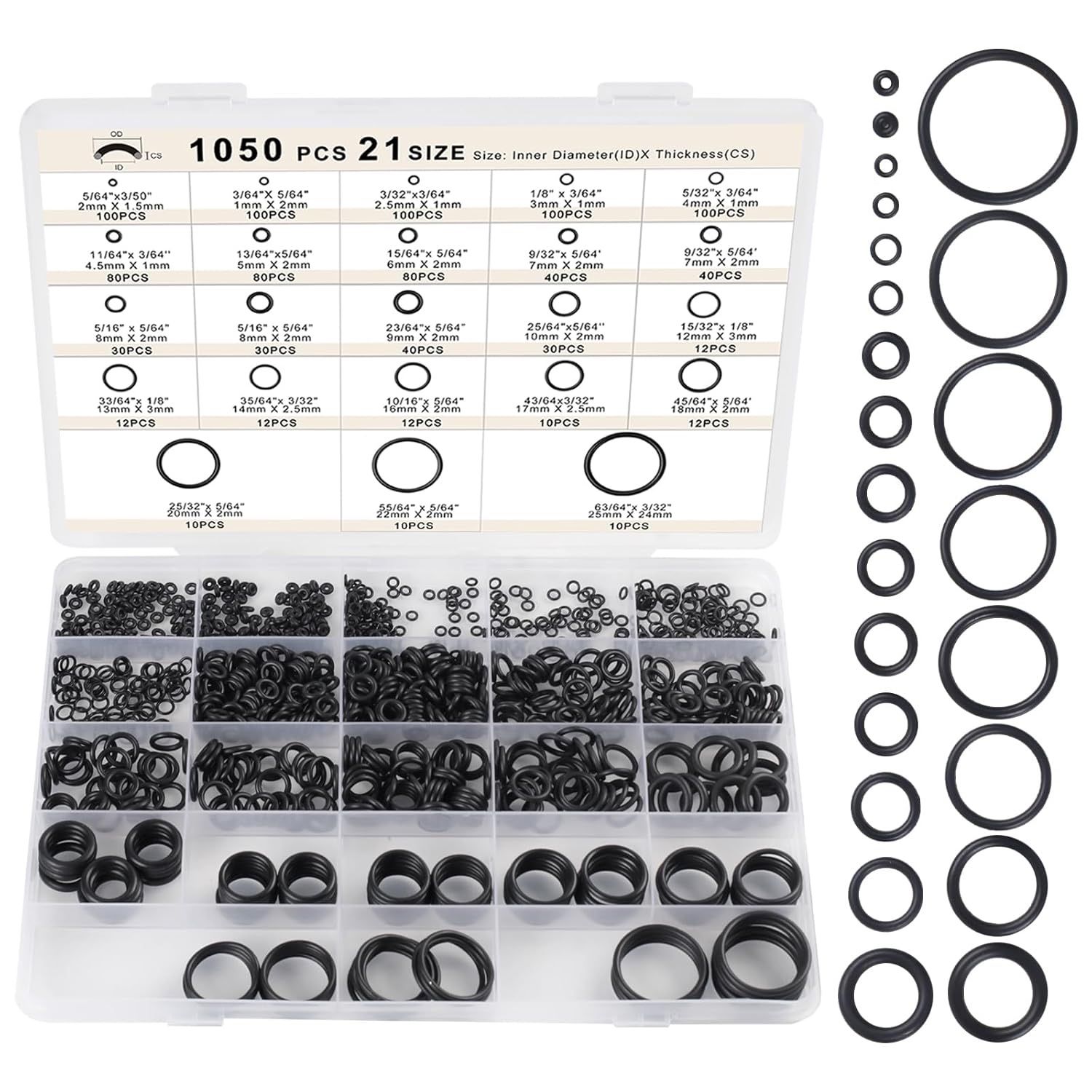 O Ring Kit 1050 PCS, O Ring Assortment Kit 21 Size, Metric Nitrile Rubber