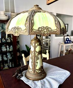 Antique  green slag glass and brass lamp