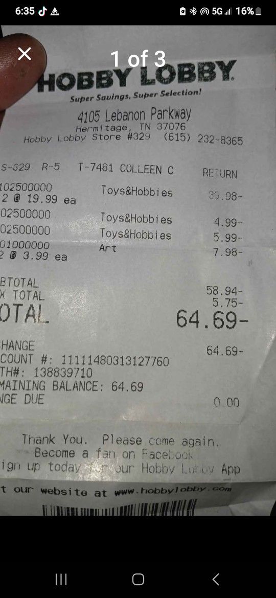 HOBBY LOBBY GIFT CARD WITH RECEIPT  $64.69 VALUE 
