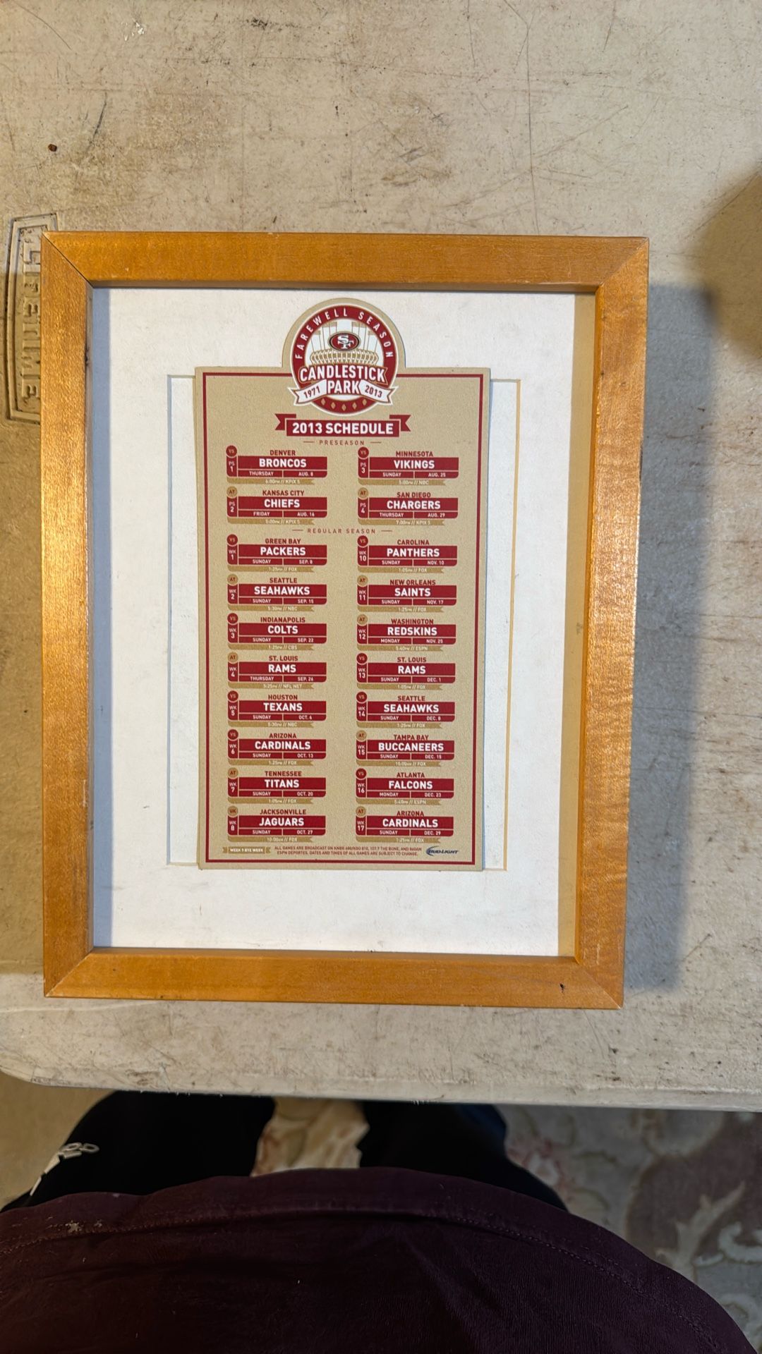 Framed San Francisco 49er 2013 schedule