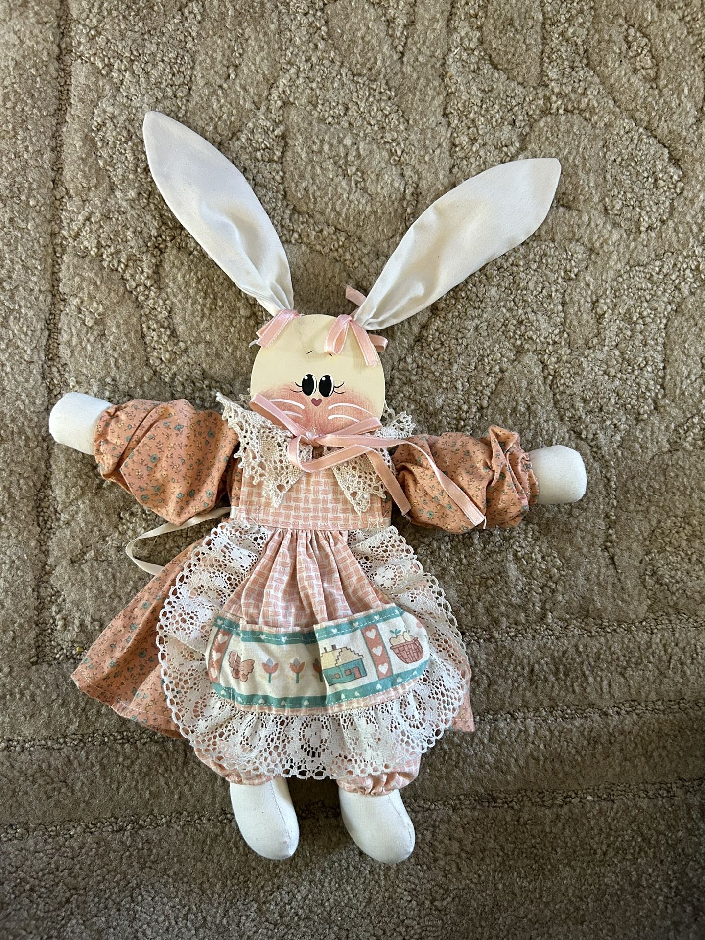 17” Vintage Easter Bunny Doll With Wooden Body