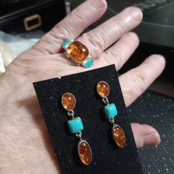 GENUINE AMBER, inlaid Turquoice, Side Stones
