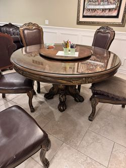 Round Wood Dining Table Set with Glass Top & 6 Carved Chairs