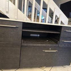 Modern Rolling Storage Cabinet / TV Stand – Dark Wood w/ White Top