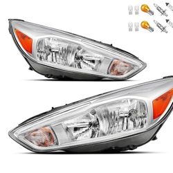 Headlights Assembly Compatible With 2015-2018 Ford Focus Halogen Headlamp,Chrome Housing Amber OE Style, For 2015 2016 2017 2018 ST/SE/S Headlights