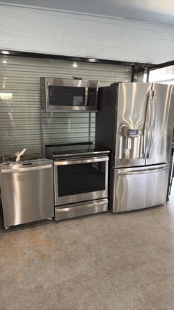 Counter depth refrigerator slide in stove over the range microwave & stainless steel 3 rack dishwasher great set combo for kitchen all same brand