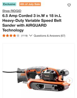 Rigid 6.5 amp, corded, 3x18” heavy duty, variable speed belt sander