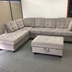COSTCO Grey Chenille Sectional Couch And Ottoman