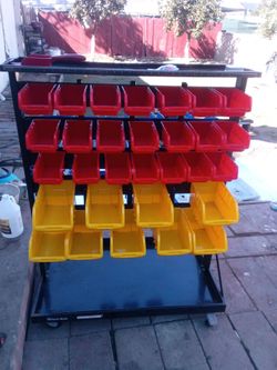 Rolling Parts Rack with Storage Bins