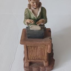 Lefton Figurine Sitting Women Teacher Secretary Typist Typing at Typewriter on Desk Sculpture Statue. Porcelain Bisque, Japan.

